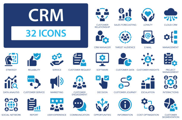ilustraciones, imágenes clip art, dibujos animados e iconos de stock de colección de iconos planos de crm. gestión de la relación con el cliente. gestión, datos, gestor, servicio, solicitud del cliente, estrategia, conjunto de signos de informes. - gestión de relaciones con el cliente