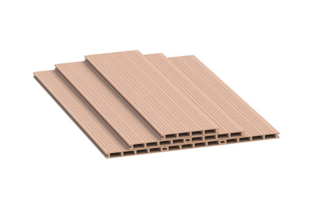 istock Lot of decking boards isolated on white background. Siding planks. Modern composite panel for terrace. 3d render 2197687252