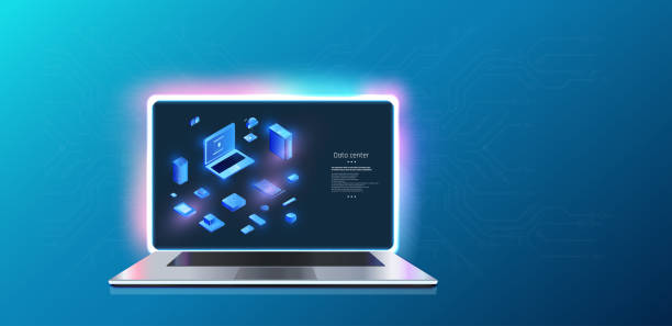 istock Digital representation of a laptop with floating data blocks in a futuristic blue background. 2197688003