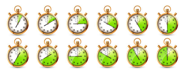 istock Realistic classic stopwatch. Shiny golden metal chronometer, time counter with dial. Green countdown timer showing minutes and seconds. Time measurement for sport, start, finish. Vector illustration 2197688217