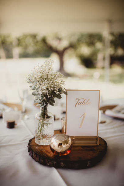 istock Table number at wedding reception dinner with flowers and candle 2197693062