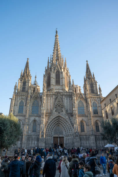 Barcelona, Spain - December 30, 2023.  Crowd in front of Cathedral of Barcelona, Barcelona, Spain
