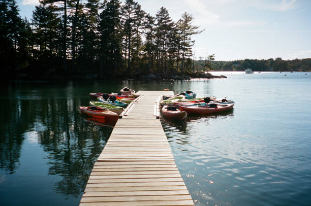 istock dock leading to colorful kayaks floating on a calm lake 2197695263