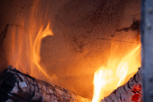 A burning flame with charcoals in the stove. High quality photo. Tsukuba district Ibaraki Japan 01.18.2025