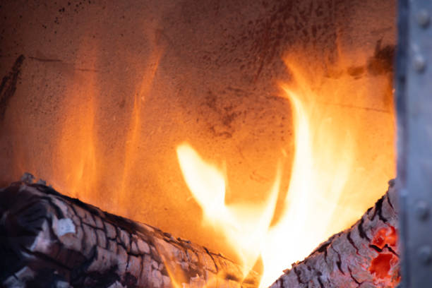 A burning flame with charcoals in the stove. High quality photo. Tsukuba district Ibaraki Japan 01.18.2025