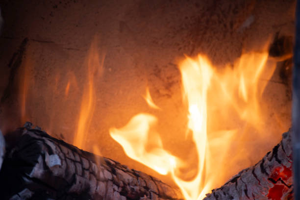 A burning flame with charcoals in the stove. High quality photo. Tsukuba district Ibaraki Japan 01.18.2025