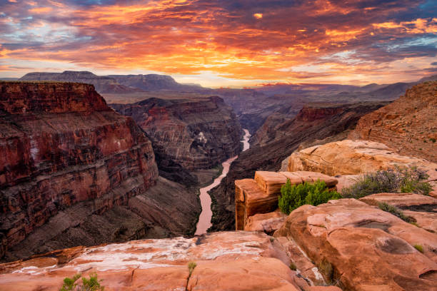 Sunset at Toroweap Lookout on the North Rim of the Grand Canyon. This stunning overlook showcases dramatic cliffs, deep canyons, the Colorado River and golden light painting the rugged landscape, creating a mesmerizing natural wonder. Toroweap is a very remote location and very challenging to get to.