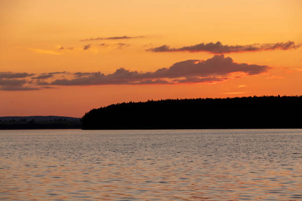 sky during sunset on the lake, colorful orange sky reflected in the lake water during sunset