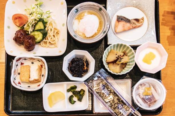 Traditional Japanese Breakfast Tray with Various Dishes
