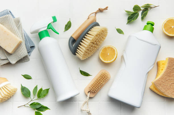 istock Eco friendly cleaning products and lemon on white surface promoting sustainability 2197709615