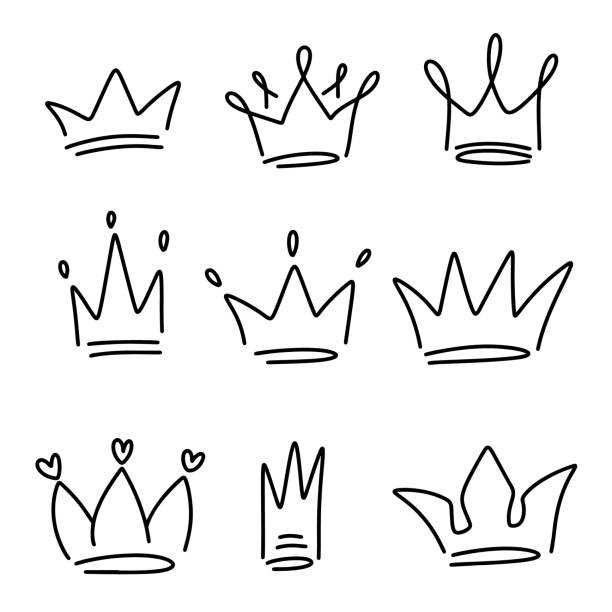 illustrations, cliparts, dessins animés et icônes de set of hand drawn crowns. set of doodle style crowns. vector illustration - roi-monarque