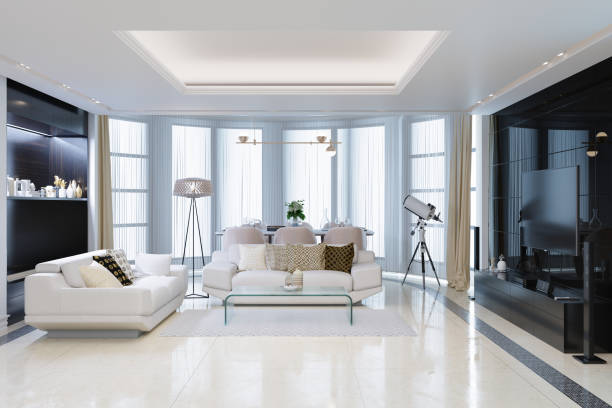 Luxury Living Room Interior With Sofas, Coffee Table, Floor Lamp, Telescope And Side View Of Television Set