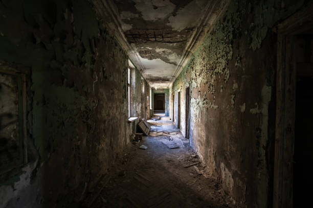 istock Abandoned corridor with peeling paint and debris on the floor. Sunlight streams through broken windows, highlighting the eerie decay and desolation of the neglected building 2197717781