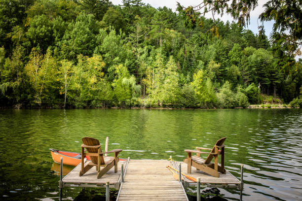 Peaceful Lake Dock with Adirondack Chairs and Canoe in Quebec