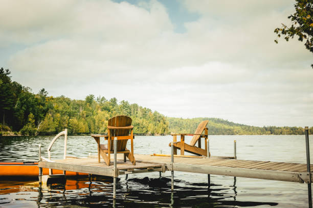 istock Scenic Lake Dock with Adirondack Chairs in Tranquil Nature 2197717798