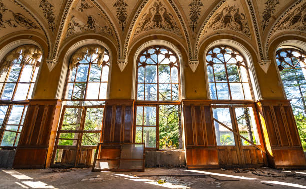 Inside old Asylum for the insane. Dark creepy abandoned mental hospital.