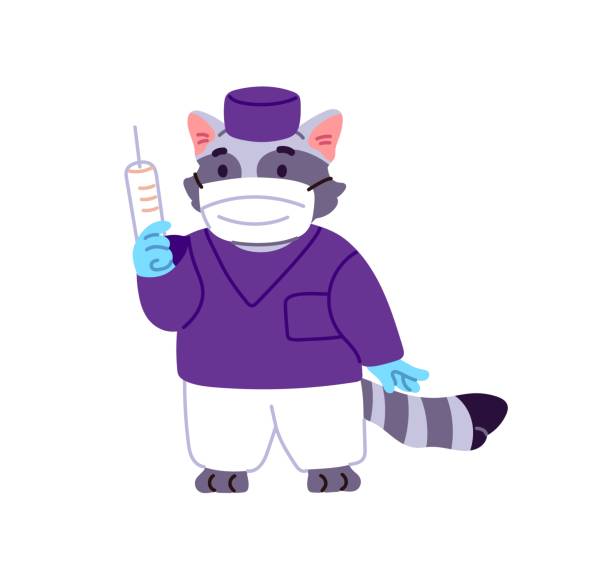 istock Cute animal doctor holds syringe with remedy. Anthropomorphic raccoon pediatrician does injection. Pediatric doc, medic in mask cares about kids' health. Flat isolated vector illustration on white 2197724774