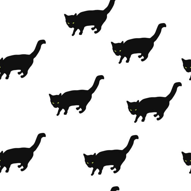 Seamless pattern Halloween black cats with green glowing eyes on white background, vector eps 10 Seamless pattern Halloween black cats with green glowing eyes on white background. Dark kitty shadow spooky print, vector design eps 10 cartoon of the friday 13th stock illustrations