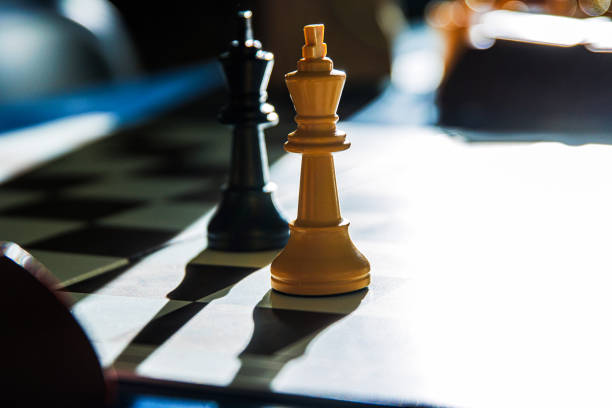 Dramatic chess endgame with two black and white lonely kings, symbolizing stalemate, board games strategy, intellectual challenge of decision making, isolation and loneliness of leadership. Soft focus