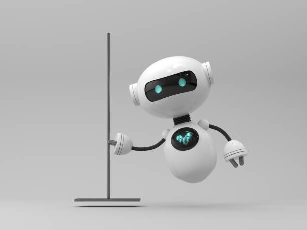 Mobile home robot assistant with household chores - 3d render. Robot is companion for cooking, cleaning, caring for the elderly and animals. Modern smart home, future technologies, automatic service.