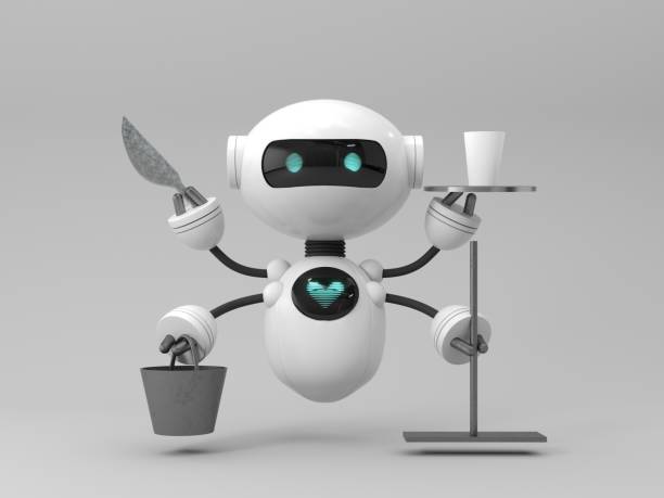 Mobile home robot assistant with household chores - 3d render. Robot is companion for cooking, cleaning, caring for the elderly and animals. Modern smart home, future technologies, automatic service.