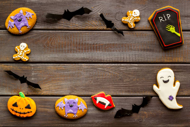 istock Funny Halloween gingerbread biscuits, homemade cookies, top view 2197732976