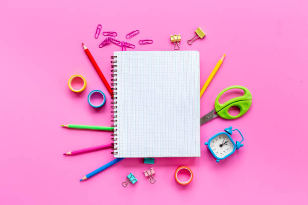 istock Back to school concept. Blank sheet of notebook with supplies, top view 2197733092