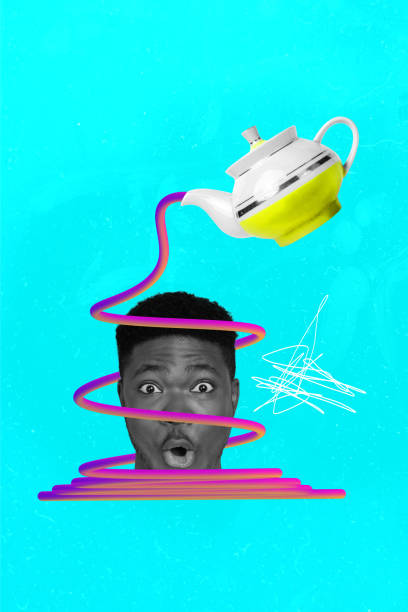 Magazine picture sketch collage image of teapot pouting beverage impressed guy isolated teal color background