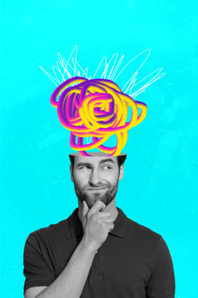 Vertical creative abstractive caricature photo collage concentrated brainless young man overthinking brainstorming solve problem