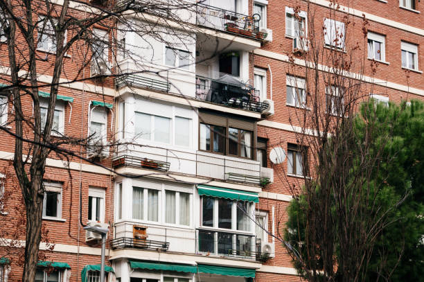 Residential building facades in the suburbs of Madrid, Spain