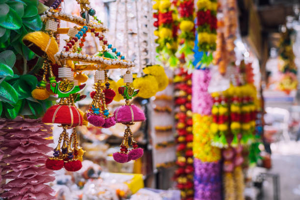 Vibrant Decorations Displayed in a Local Market Stall in Delhi, India stock photo