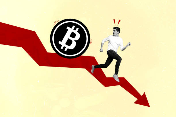 Composite photo collage of huge bitcoin cryptocurrency roll scared guy trader graph arrow down failure isolated on painted background