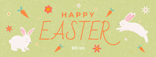 istock Happy Easter Banner. Bunnies and flowers on green background. Modern style design, pastel colors. Vector illustration 2197741319