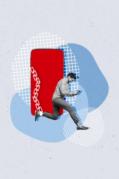 istock Vertical photo collage of happy guy run type message iphone display addiction technology dependence chain isolated on painted background 2197742730