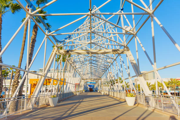 Long Beach, California - January 15, 2025: Wide walkway at Pike Outlets in Long Beach, showcasing modern design and palm trees along with retail establishments.