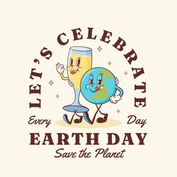 istock Earth Day Celebration Groovy Retro Cartoon Characters Emblem Greeting Card. Happy Planet with Champagne Glass Smiling Personage Template Vector Mascot Illustration in Trendy Vintage Comic Style Isolated 2197750111
