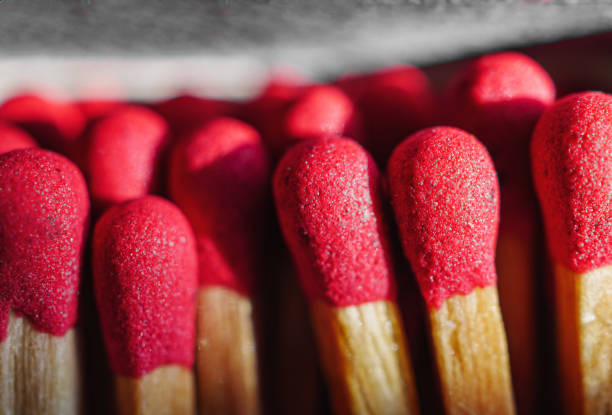 Close-up of matches fire stick in a matchbox, macro, Top view