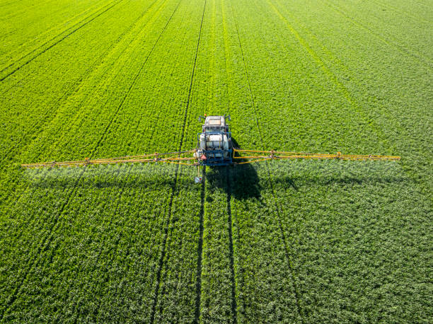 istock Agricultural crops sprayer in a wheat field seen from above 2197752525