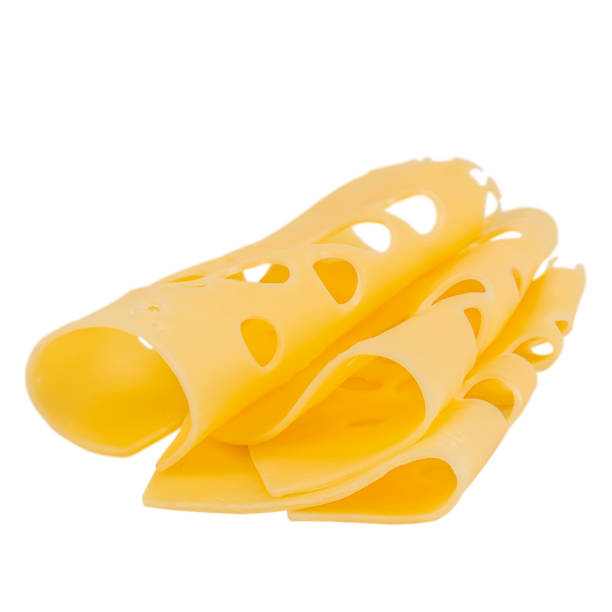 istock Three cheese slices isolated on white background. Cheese slice 2197756990