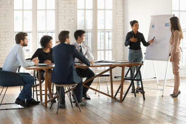 istock Confident young multiethnic speaker woman presenting sales report 2197757461