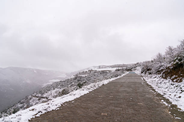 Embark on a winter journey with this photo of a snow-covered road winding through majestic mountains. The image captures the serenity and adventure of a winter landscape, perfect for travel, nature, or exploration-themed projects.