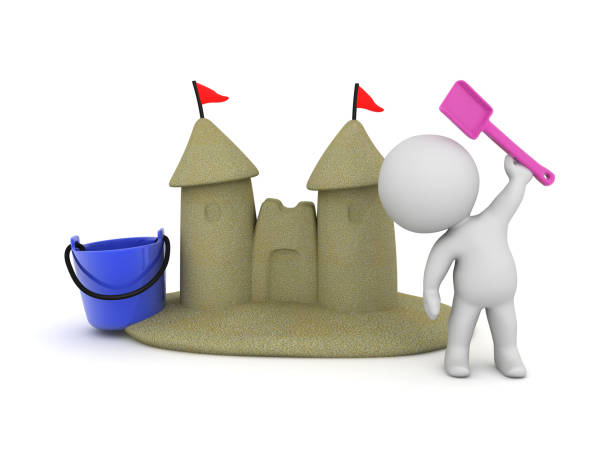 3D Character with toy shovel next to sand castle. 3D Rendering isolated on white.