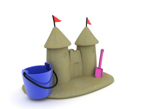 3D Rendering of sand catle with bucket an shovel. 3D Rendering isolated on white.