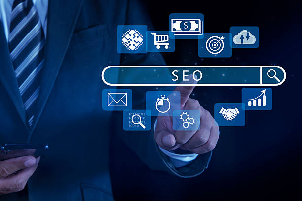 istock Businessman's fingers touching search bar SEO. Search engine optimisation digital marketing business technology concept. 2197772285