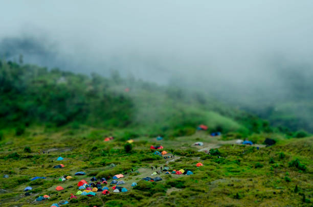 Crowd of climbers at the last camp to the top of Mount Talang stock photo