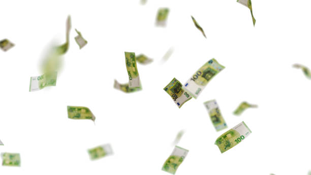 many euro 100 dollars bill falling from the sky, transparent background - figures hundred fotografías e imágenes de stock