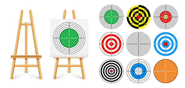 istock Shooting range target on a wooden easel stand. Paper target with divisions, marks and numbers. Archery, gun shooting and training, sport competition, hunting. Bullseye and aim. Vector illustration 2197781129