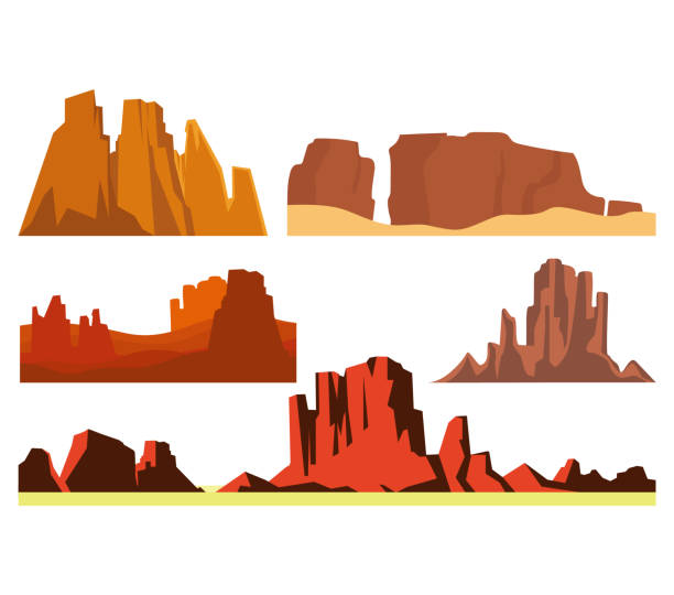 Desert rock cartoon vector set. Stone canyon landscape illustration. Nature environment design element, brown drought cracked mountain. Western land desert rock