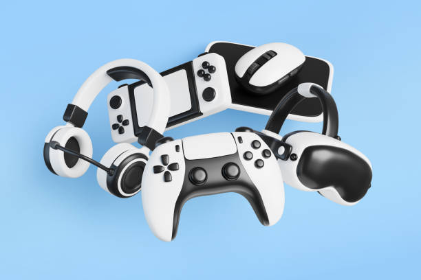 istock Video game 3d blue background with flying joystick, virtual reality headset, headphones, portable console and computer mouse. Realistic electronic gamer devices render web banner 2197785898