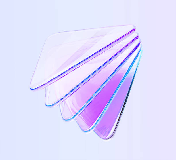 istock 3d abstract glass holographic transparent triangle plates with layer effect render. Iridescent acrylic or plastic triangular shapes with rainbow light gradient on blue background 2197785913